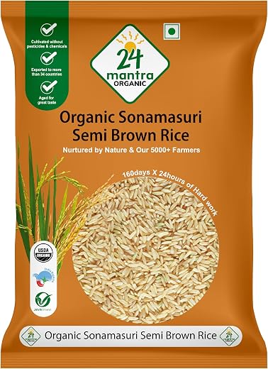 24 Mantra Organic Sonamasuri Unpolished Semi Brown Rice/Handpounded/Semi Brown Chawal- 5 Kg | 100% Organic | Chemical Free...