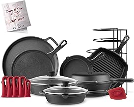 Cast Iron Cookware 11-Pc Set - 8" Skillet + 10" + 12" Skillets with Glass Lid + Grill Pan + Multi-Cooker/Dutch Oven + Griddle + Pizza Pan + Panrack - Pre-Seasoned Complete Kit - Indoor/Outdoor Use