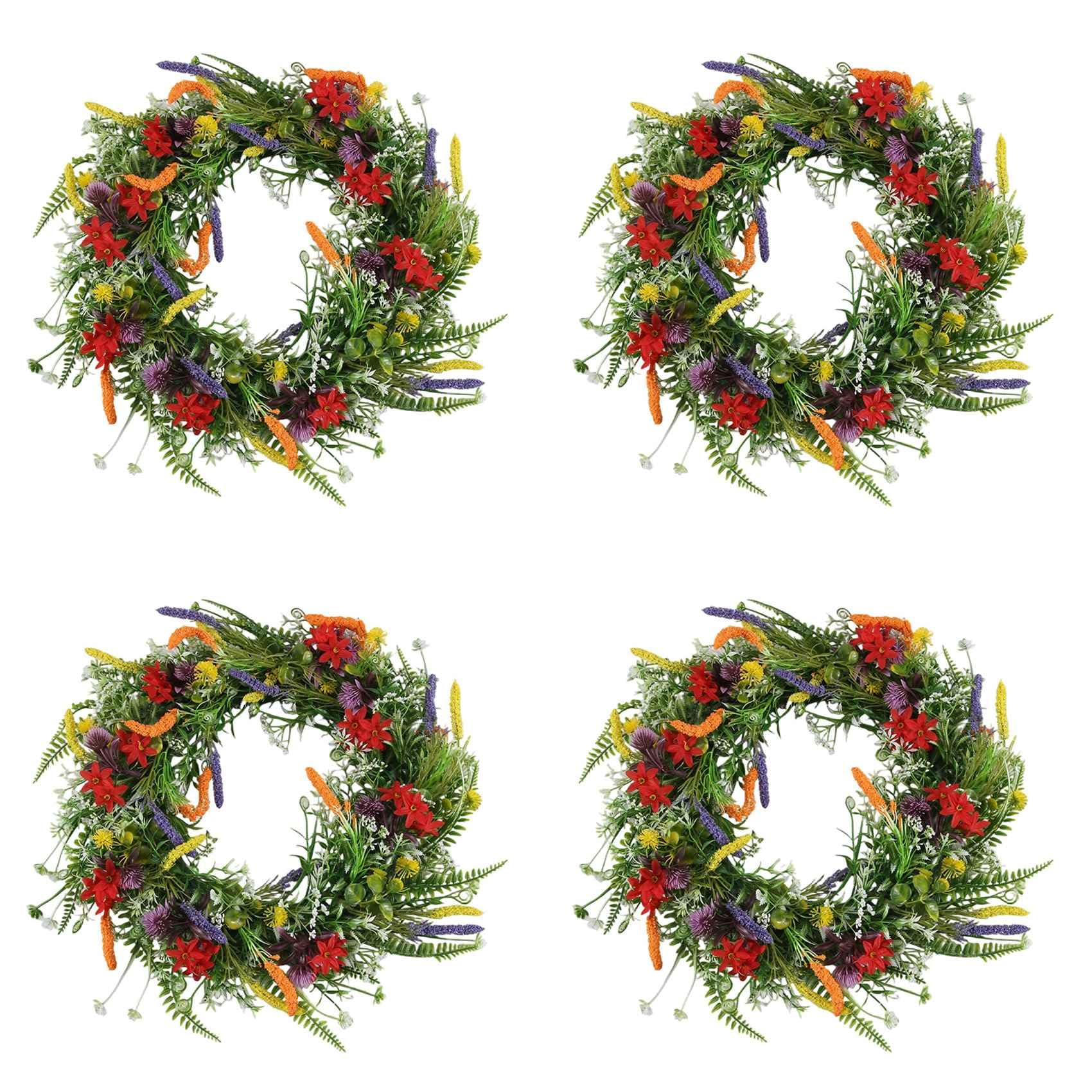 Vjsujehgy 4X Spring Wreaths for Front Door 18in Outside Welcome Summer Flowers Weatherproof Greenery All Seasons Round Wreaths