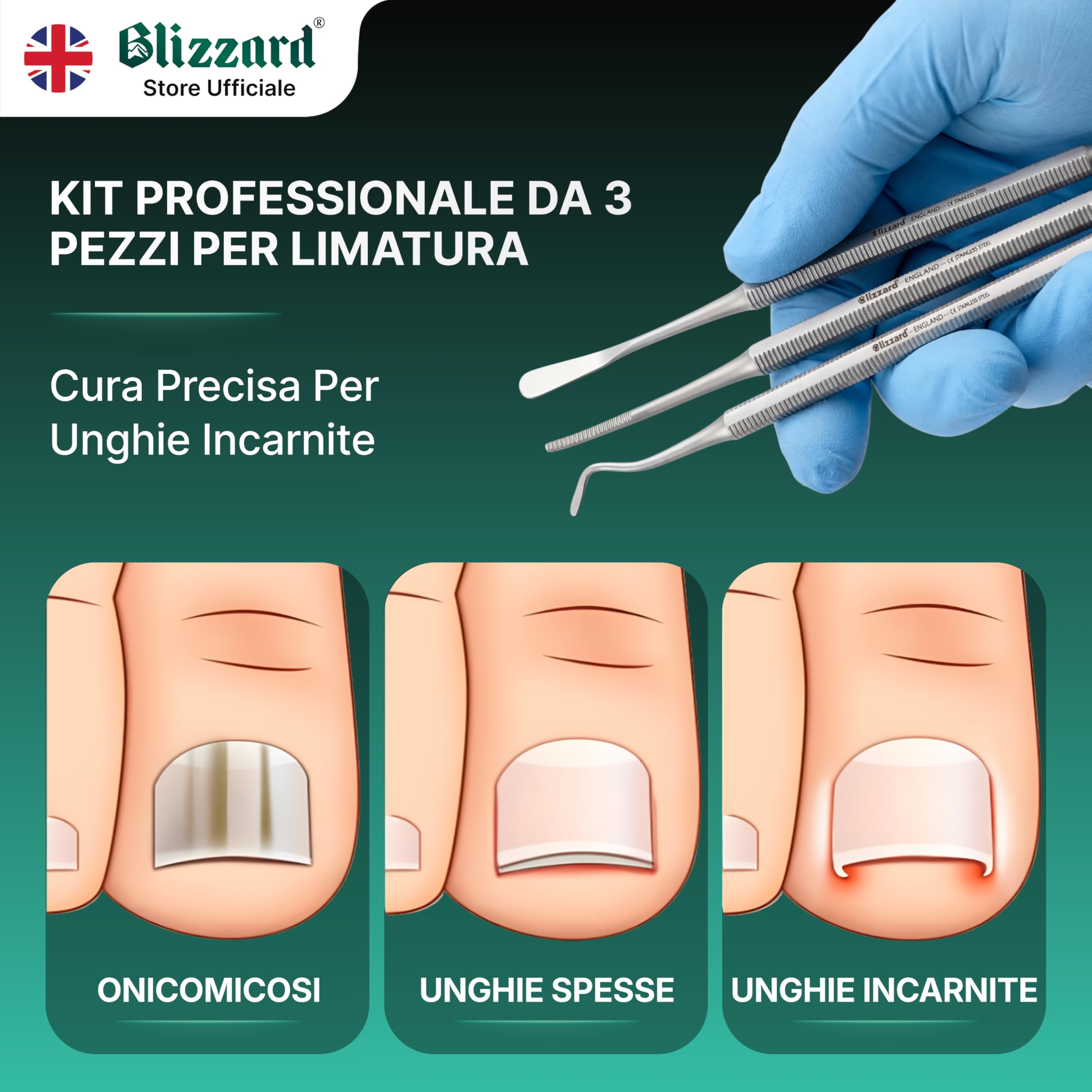 Blizzard Kit Pedicure Professionale 3 Pezzi — Ferri da Podologo per Unghie Incarnite — Set Podologia con Lima, Pulitore e Sollevatore — Acciaio Inox — Per Anziani e Uomo