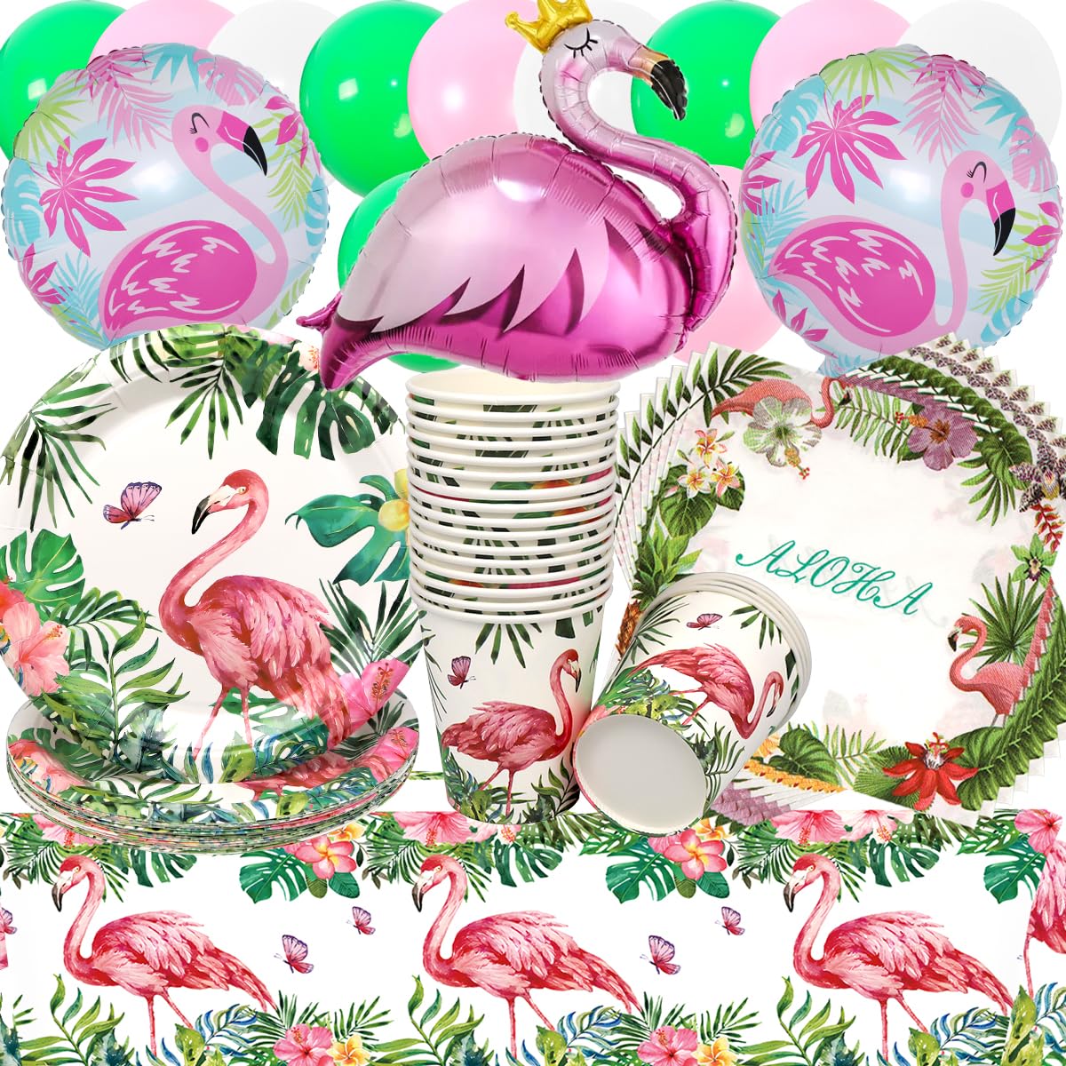 Doyomtoy 76 Pezzi Stoviglie per Feste Hawaiane - Decorazioni Fenicottero, Palloncini, Piatti, Tazze, Tovaglioli per Compleanno e Baby Shower