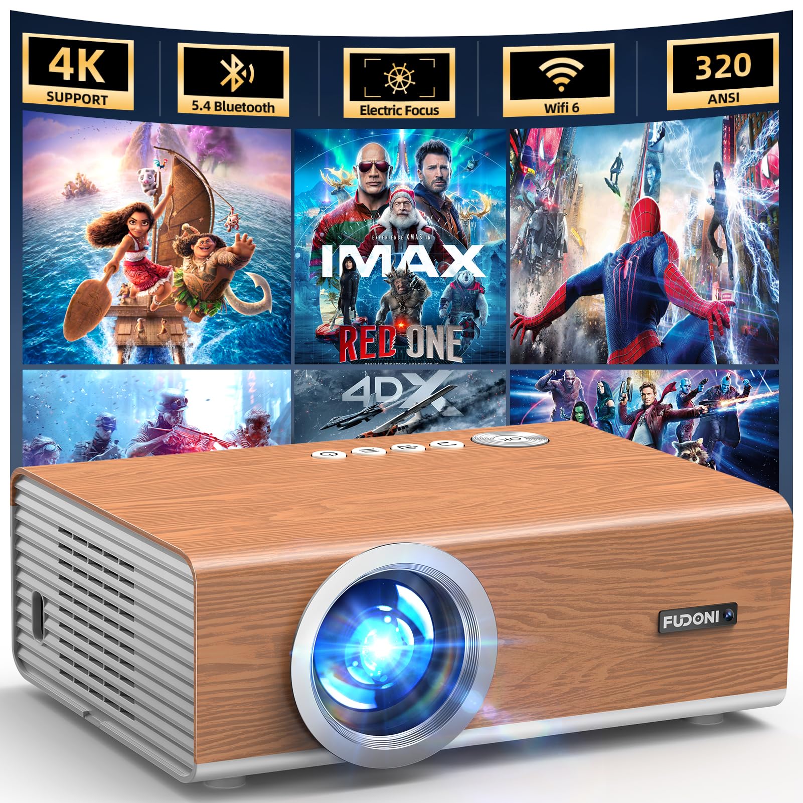 [Enfoque eléctrico/Alto Brillo] Proyector con WiFi y Bluetooth, proyector de películas Nativo 1080P para Exteriores, FUDONI Home Theater Auto 6D, Pantalla de 300 Pulgadas para USB/HDMI/iOS/Android/TV