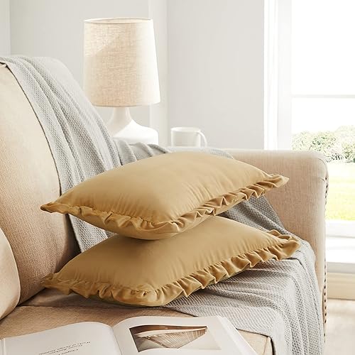 Vista 70 de GIGIZAZA Juego de 2 fundas de almohada de lujo de 18 x 18 pulgadas, fundas decorativas de terciopelo con volantes para sofá Verde azulado