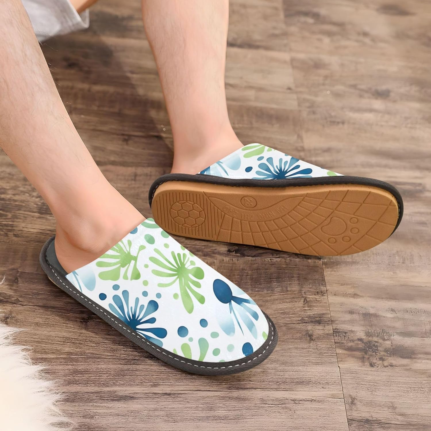 Green Leaf House Slippers – Cozy Fuzzy Slippers for Guests, Washable & Disposable, Perfect for Shoeless Home, Spa & Hotel Use A110547