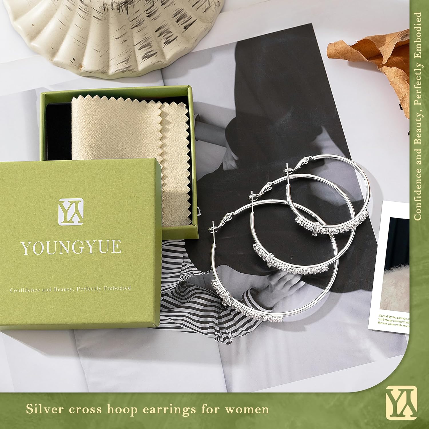 YOUNGYUE 2mm 925 Sterling Silver Hoop Earrings for Women Hypoallergenic 14K Gold Plated Hoop Earrings with Cubic Zirconia Lightweight Cross Rhinestone Hoop Earrings 40/50/60mm - Image 7