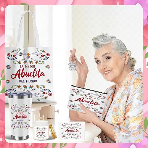 Miniatura 5 de Juego de 8 regalos para abuela española, incluye vaso de lona de 20 onzas, bolsa de maquillaje, manta, llavero, calcetines, tarjeta de vela, La