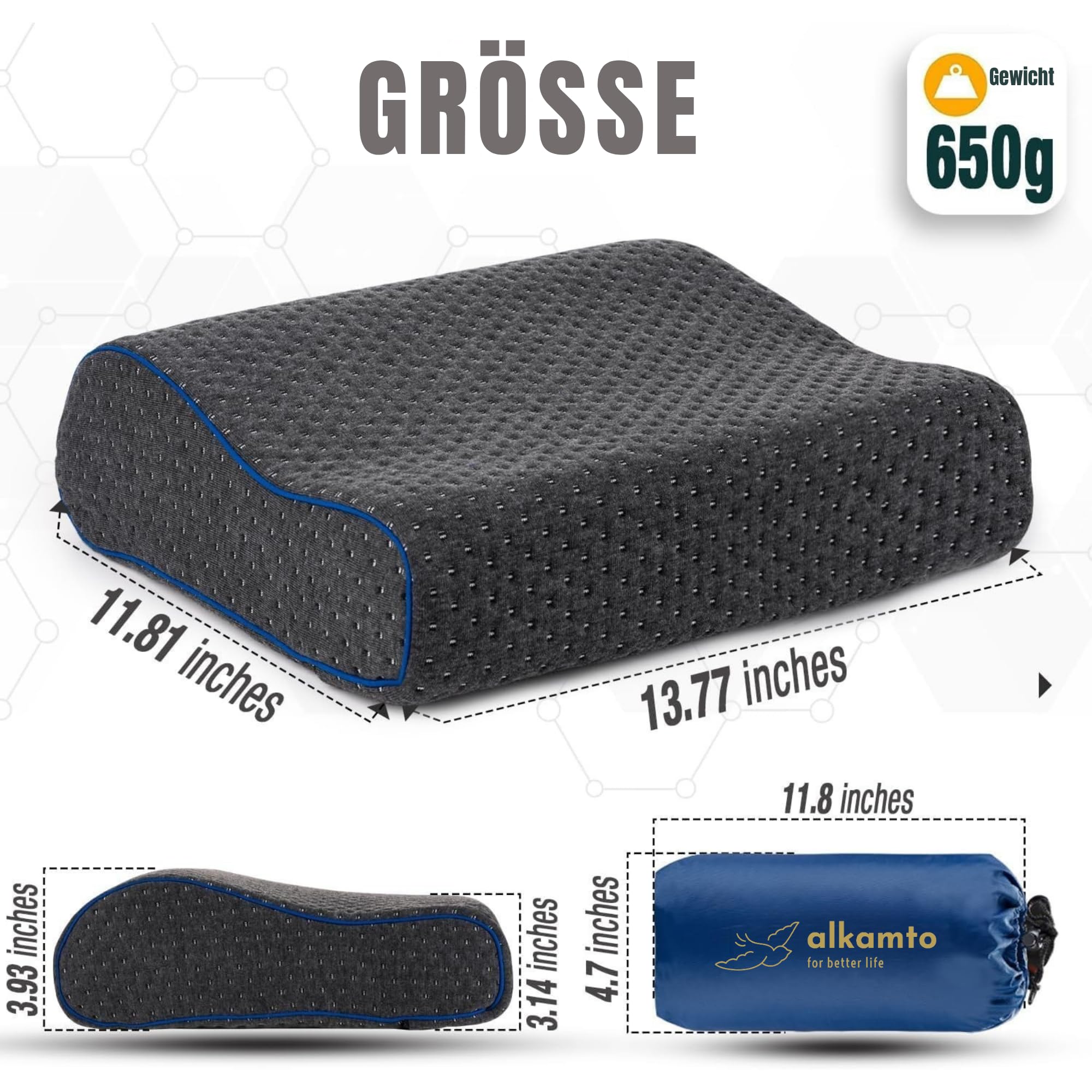 alkamto Almohada de viaje y camping de espuma viscoelástica, cómoda almohada cervical con bolsa de transporte – Funda de almohada de regulación de temperatura – perfecta para viajes