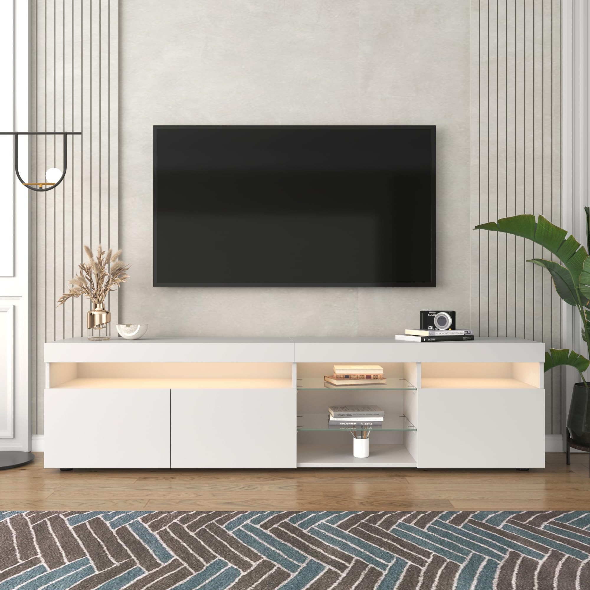 Moimhear Mobile TV moderno, pannello luminoso, illuminazione a LED variabile, soggiorno e sala da pranzo, 180 cm (bianco)