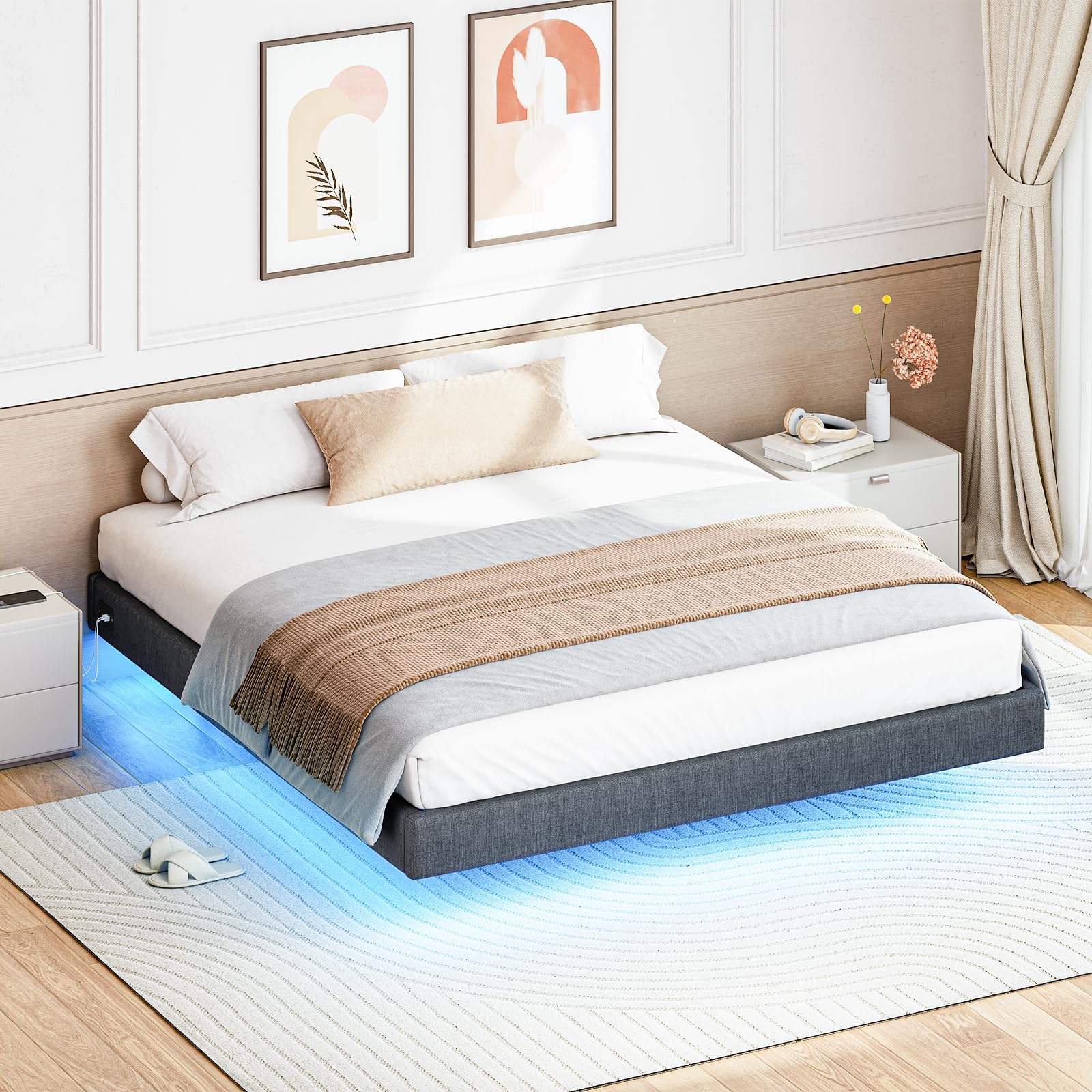 HOOBRO Bett 180 x 200 cm mit Ladestation und LED Beleuchtung, Gästebett, Bettgestell 180 x 200 cm, Bettrahmen, Doppelbett, Einfache Montage, für Schlafzimmer, Gästezimme, Dunkelgrau EGYZ014CDBF01
