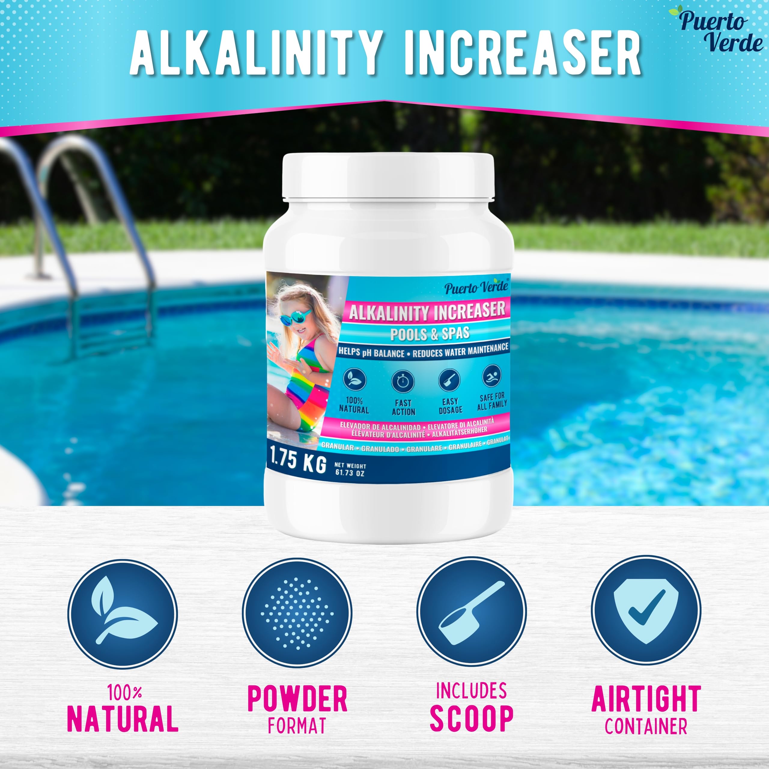 • Pool & Spa Alkalinität Heber 1,75 Kg. Korrektur der Gesamtalkalität & pH-Balance. Schnell Wirkend. Pulver-Format. Hermetischer Eimer. Inklusive Dosierbecher. Europäische Produktion.