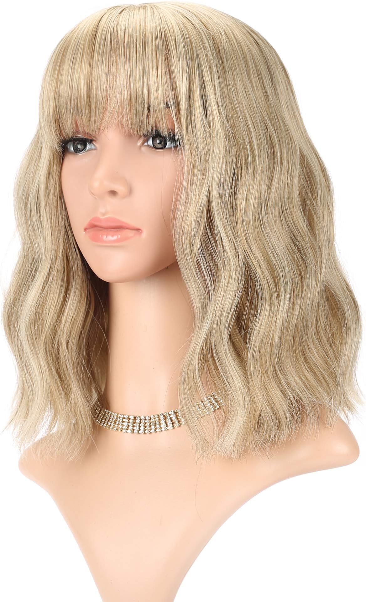 FAELBATY Blonde & Gold Bob Wig - Loose Wave, Air Bangs, Shoulder Length, Curly Wavy Synthetic, Mix Colors, 12"