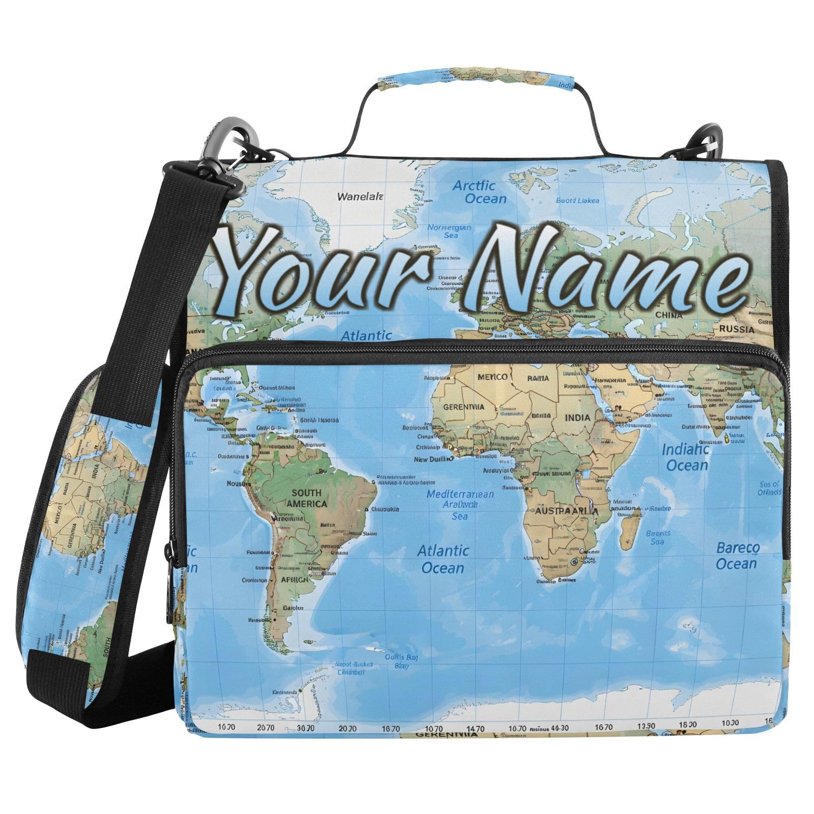Custom 3 Ring Zipper Binder World Map Blaue Personalized Name 1.5 Inch Binders Large Capacity Multi Pockets for School Office Supplies