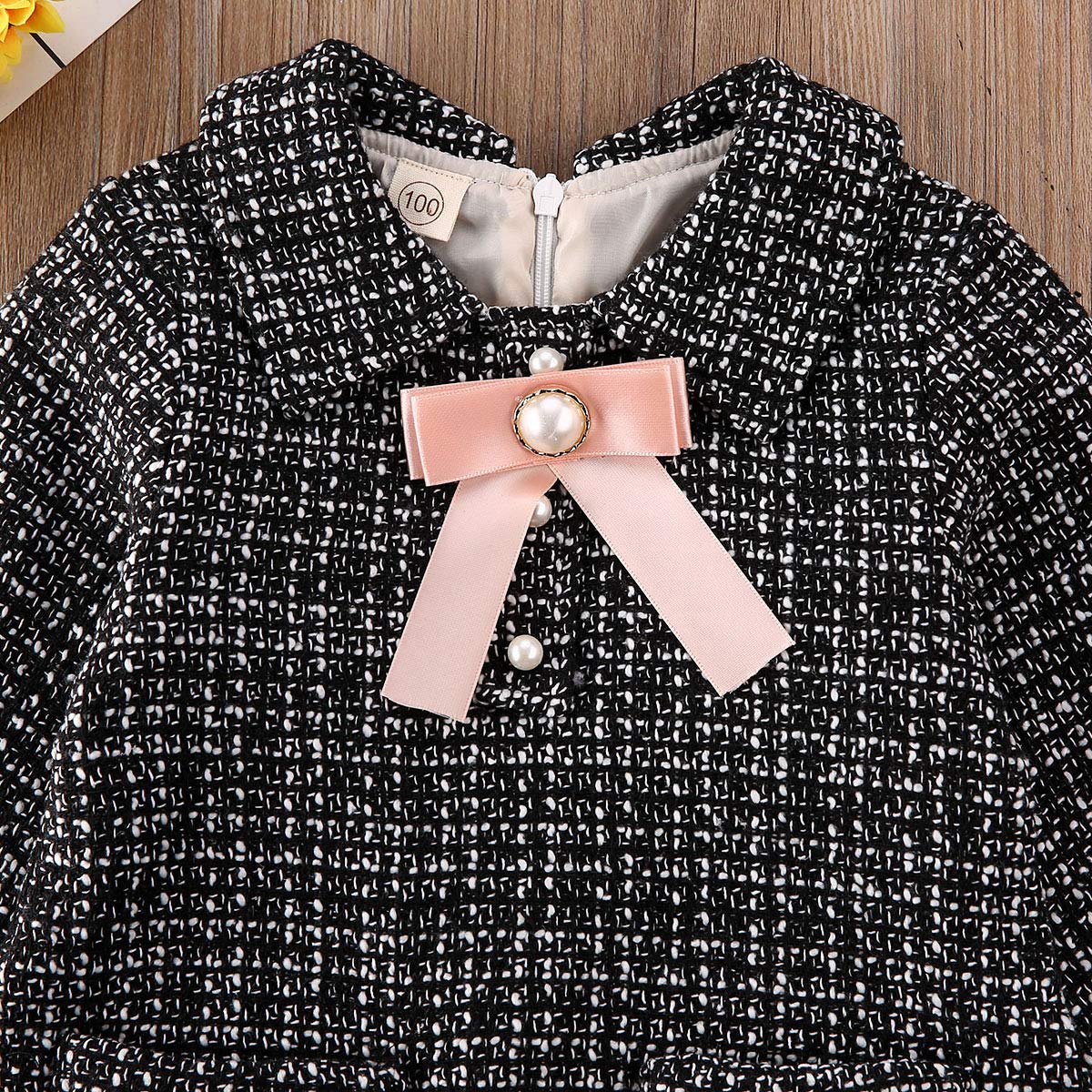 Baby Little Girls Long Sleeve Tweed Tunic Dress Vintage Elegant Bowknot Fall Winter Mini Dress (Black, 12-18 Months)