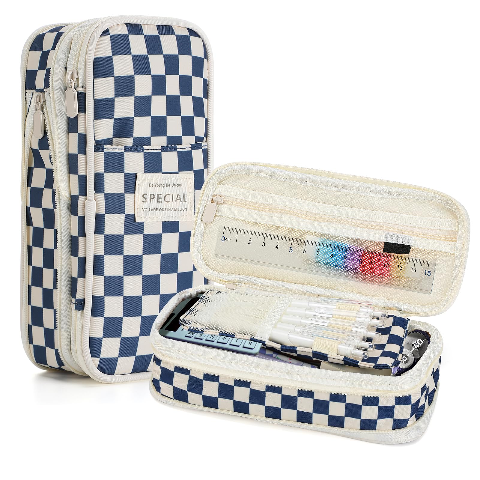 Bigmeta Gingham Expandable Pencil Case for Teens Girls - Navy