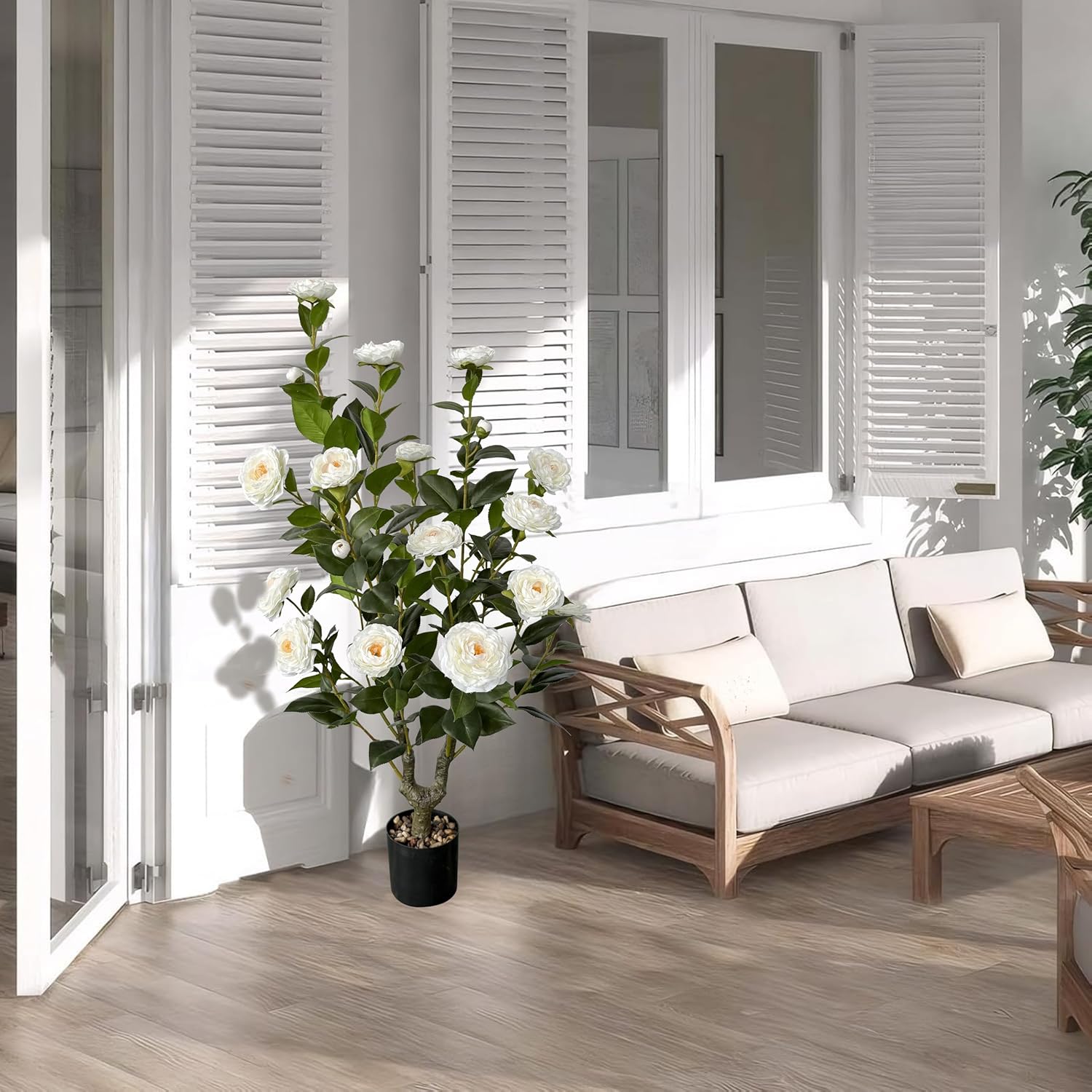 2pcs Artificial Camellia Tree 38 inch, Faux Plants Outdoor Artificial Flowers, White Tree with Planter Pot & 24 Flowers, for Home Indoor or Outdoor Decor - Image 8