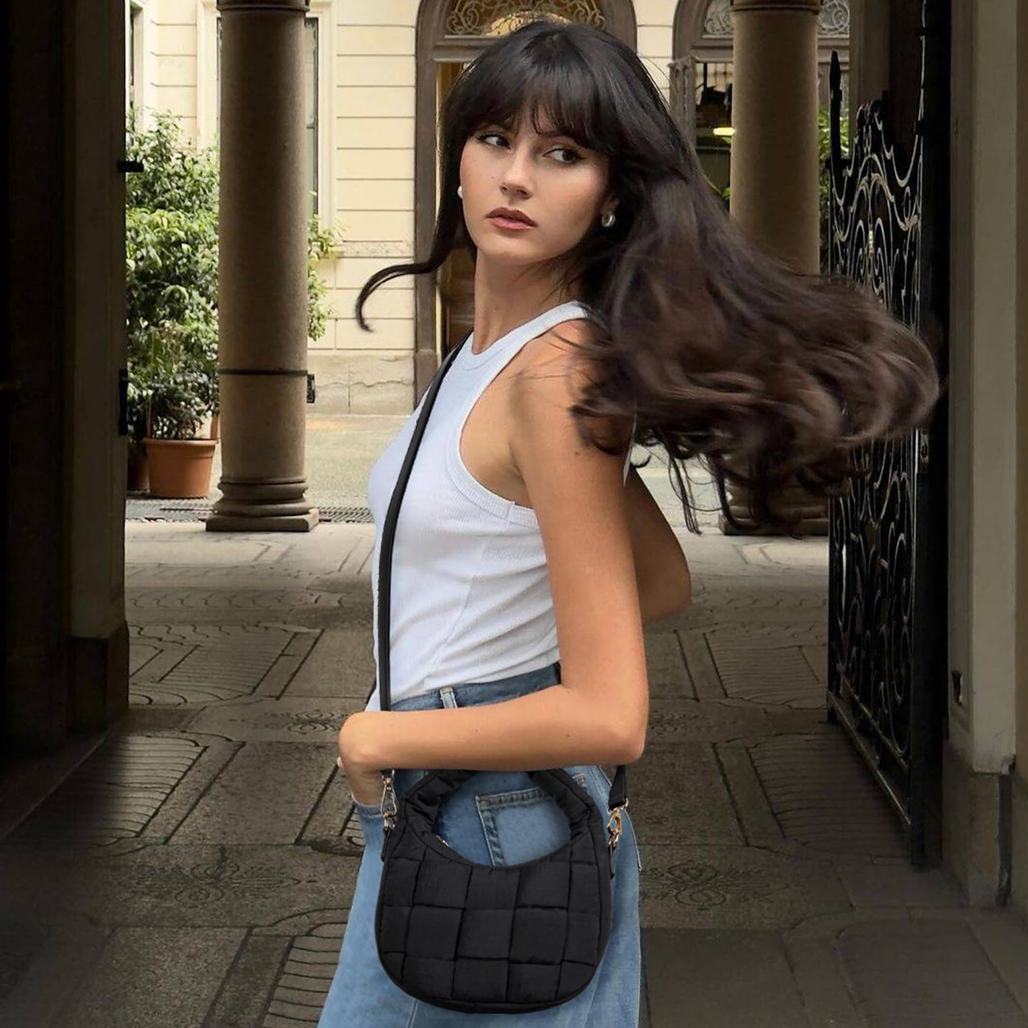 BOSTANTEN Small Puffer Crossbody Bags for Women Mini Purse Nylon Crescent Tote Handbag with Adjustable Strap Black