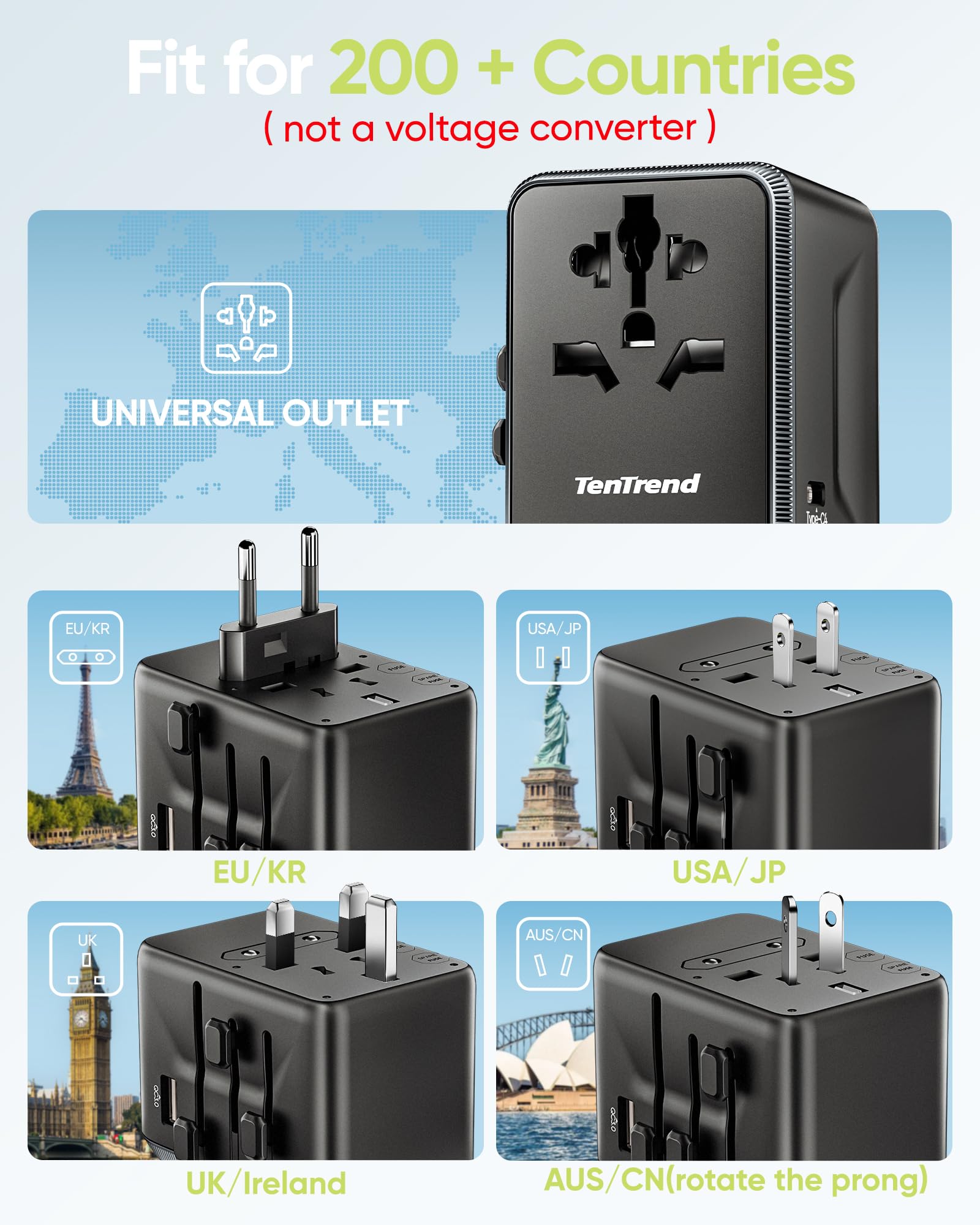 TenTrend - Adaptateur de voyage universel, adaptateur secteur international 45 W avec 4 ports USB-C et 1 port USB-A, adaptateur de prise de voyage européen, essentiel dans le monde entier
