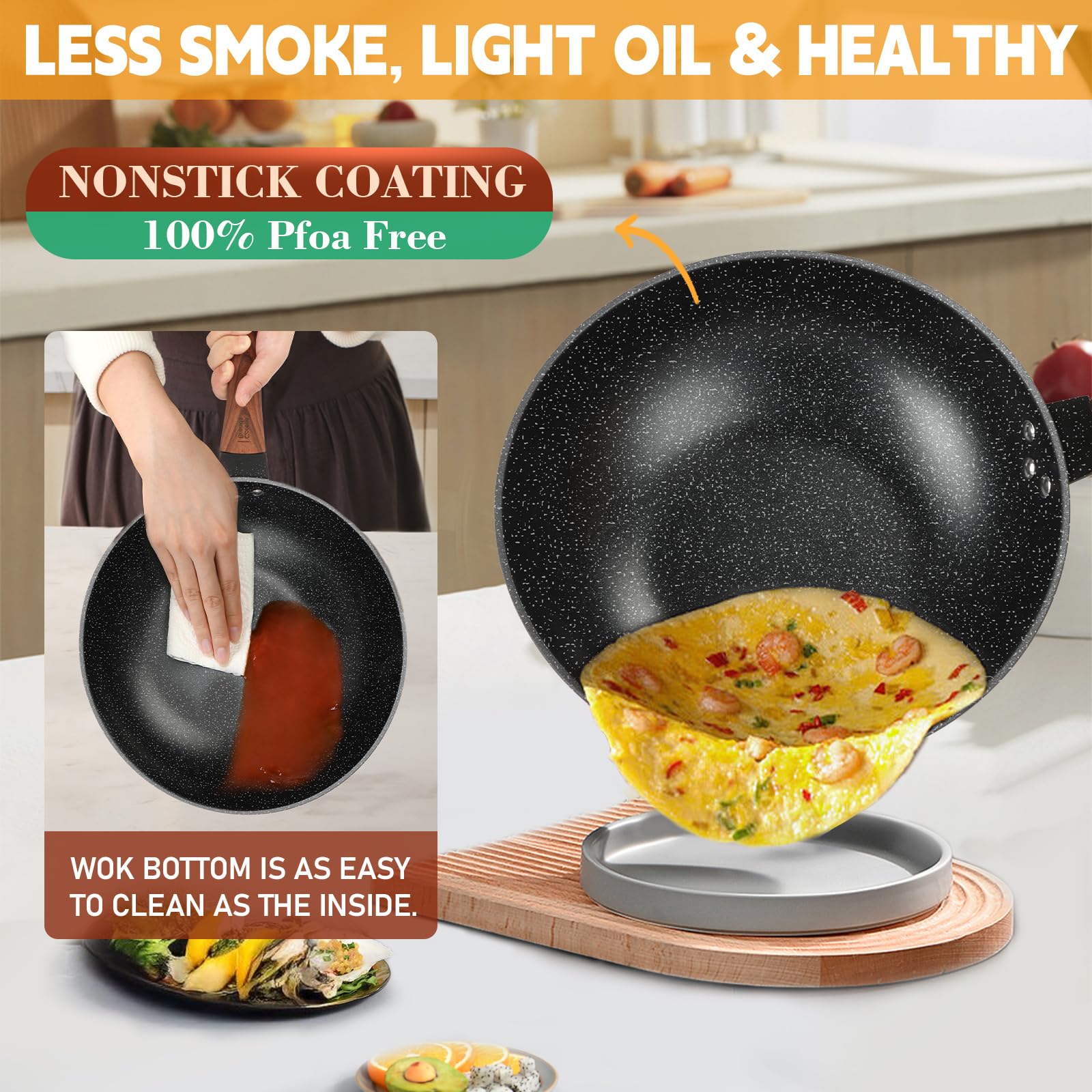 AOSION 33 cm antihaftbeschichtete Wok- und Bratpfannen, antihaftbeschichtet, Wok mit Deckel und Dampfkorb, Spatel, Schöpflöffel, 100% PFOA-freie Induktions-Wokpfanne für Elektro-, Gas-, Halogen-,