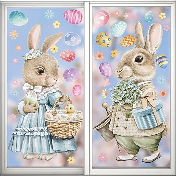 Hianjoo 2 Pcs Large Easter Bunny Window Clings, 23.62"11.81" Static Vintage Easter Rabbit Egg Window Stickers for Glass Window Decor, Double-Sided Decorations for School Home Party Supplies
