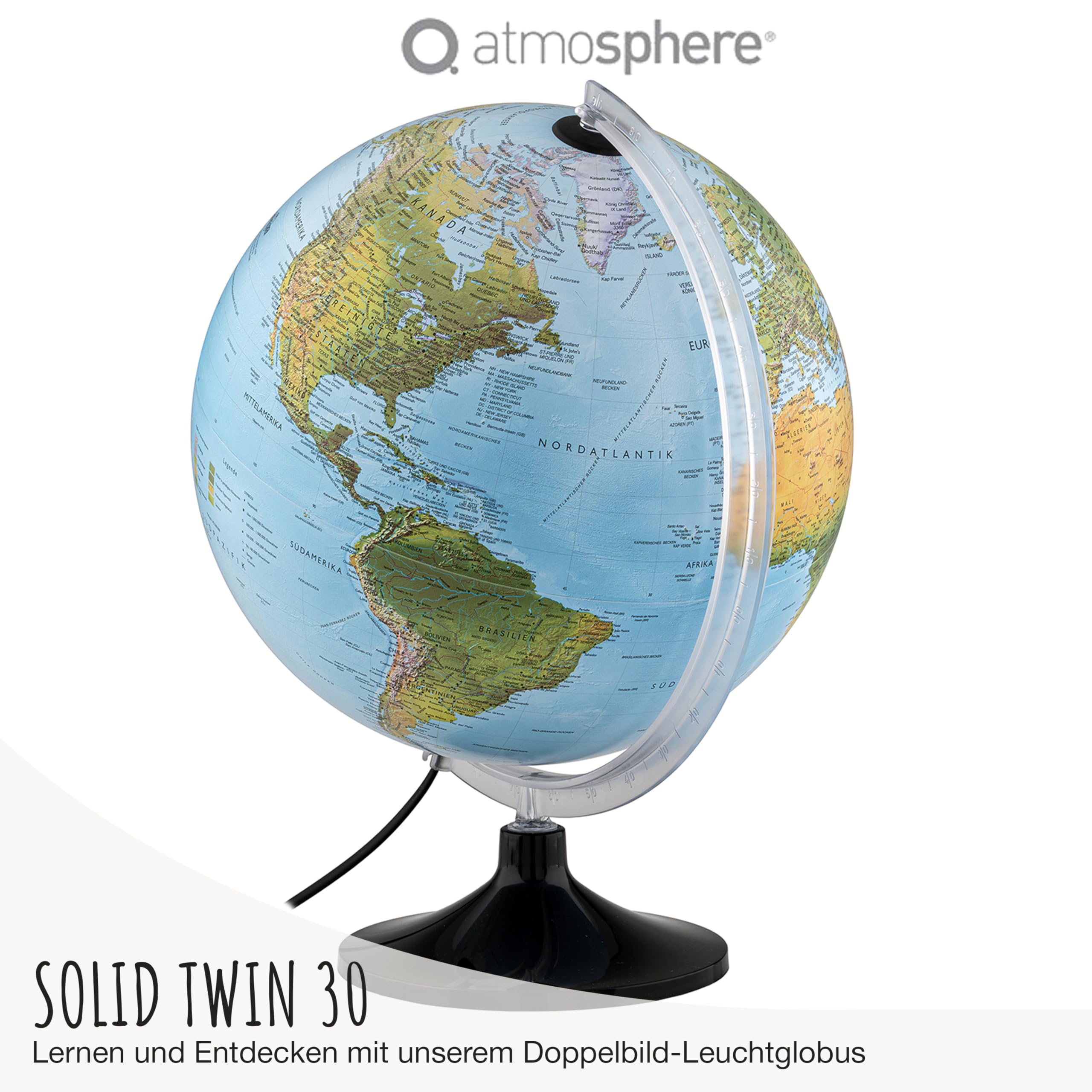 Solid Twin 30 - Leuchtglobus - beleuchteter 30cm Globus mit stabilem Standfuß, physisch/politische Doppelbild-Kartografie in deutscher Sprache