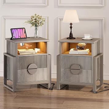 HolliWill Fluted Nightstand Set of 2 with Charging Station and LED Lights, 20" Night Stand with 2 Drawers, Large Bed Side Table with Raising Legs and Curved Profile Design for Bedroom, Grey