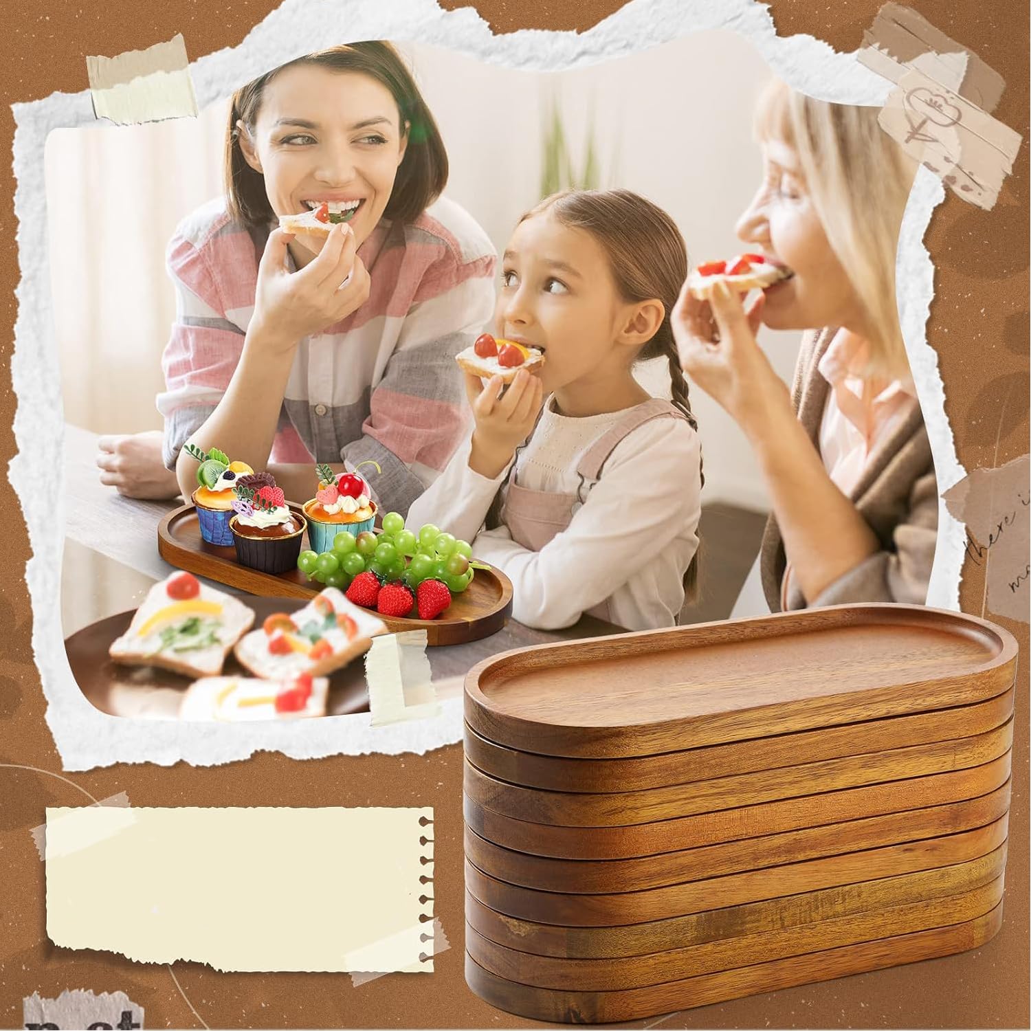 Set di 8 grandi vassoi ovali in legno, 35,8 x 14 cm, per dessert, snack, pane, frutta, aperitivi