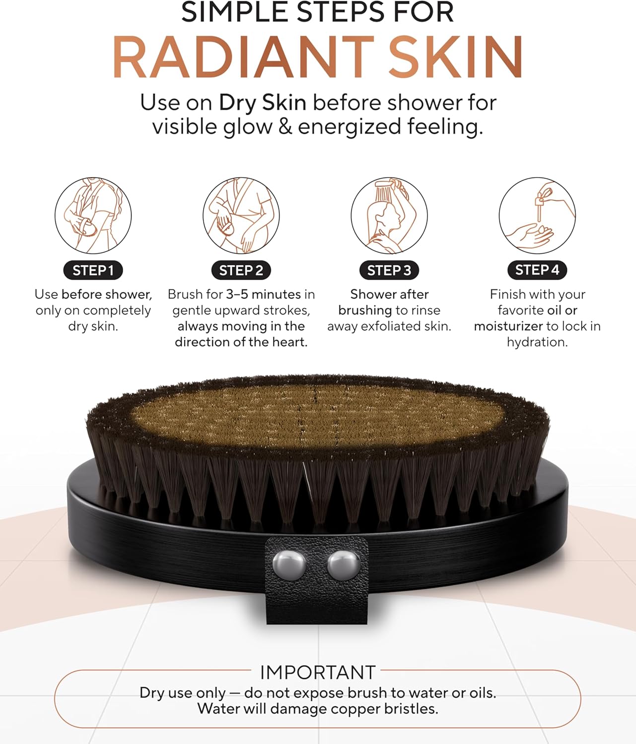 TheraCopper Copper Body Brush - Premium Ionic Copper Dry Brushing Body Brush for Lymphatic Drainage - Natural Copper-Bristles for Exfoliation, Cellulite Reduction, Improve Circulation & Radiant Skin