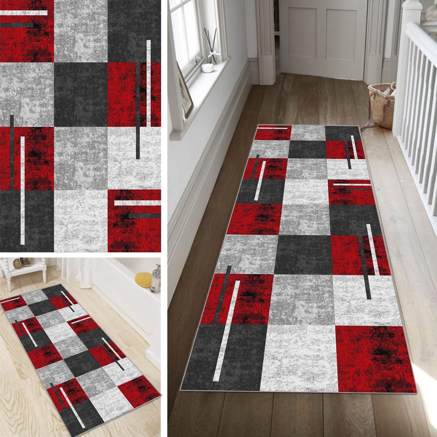 Geometrisch Teppich Läufer Flur Grau Rot Lang rutschfest Kücheläufer Waschbar Schlafzimmer Bunt Teppich Läufer 70x180cm Dauerhaft Läuferteppich Flurläufer Korridor Fußmatte Meterware