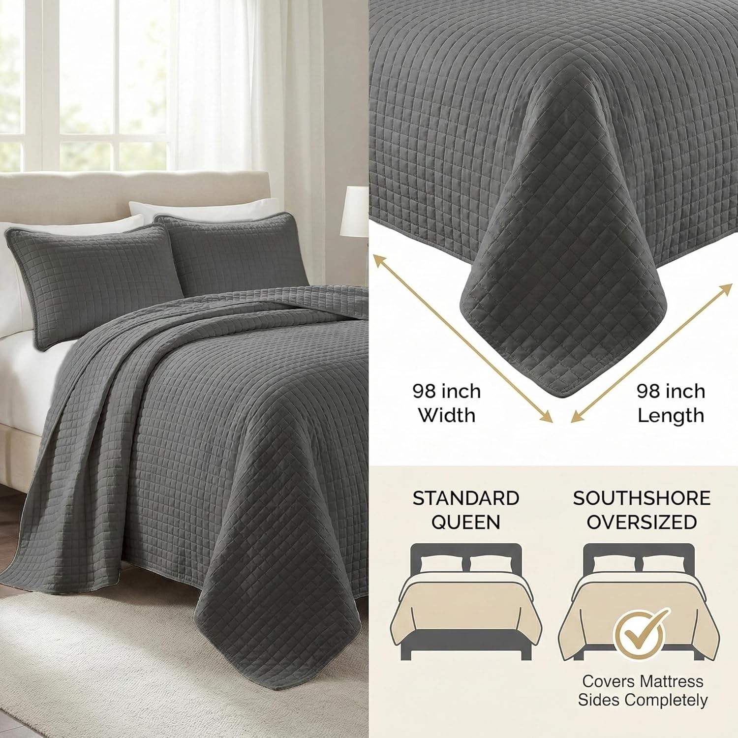 Southshore Fine Living, Inc. Summer Bedspreads, Queen Size Set, Full/Queen Quilt Bedspread with 2 Matching Pillow Shams, Soft Microfiber Lightweight Quilts Coverlet, Easy Care, Slate Grey - Image 4