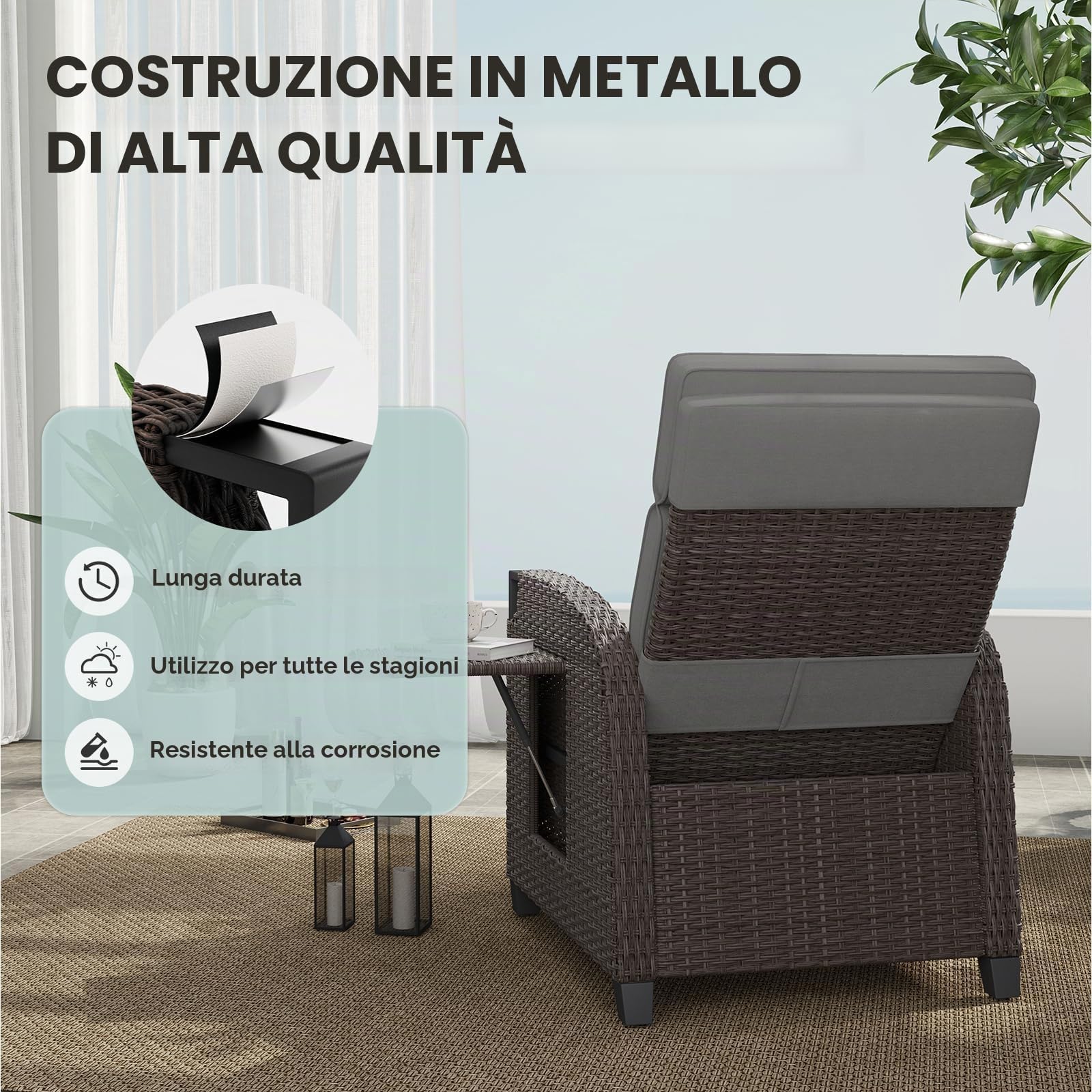 UDPATIO Sedia a Sdraio Reclinabile in Polyrattan con Cuscini, con Tavolino per Interni, Resistente Alle Intemperie, Regolazione 150°, per Interno ed Esterno - Marrone