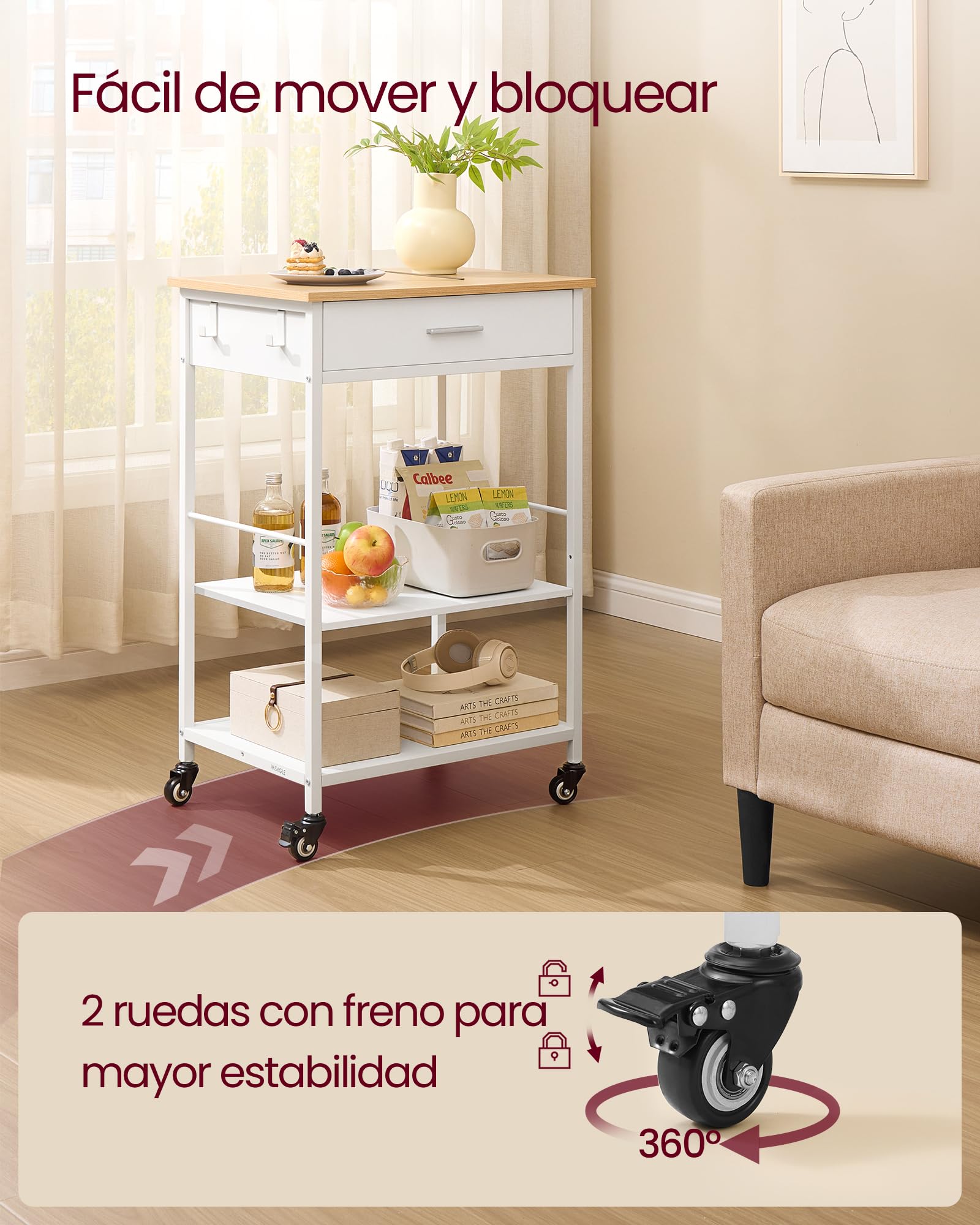 VASAGLE Carrito de Cocina con Ruedas, Isla de Cocina Móvil, 45 x 60 x 90 cm, con Cajón, 2 Ganchos, para Comedor, Beige Rbole y Blanco Mate KKI007Y01
