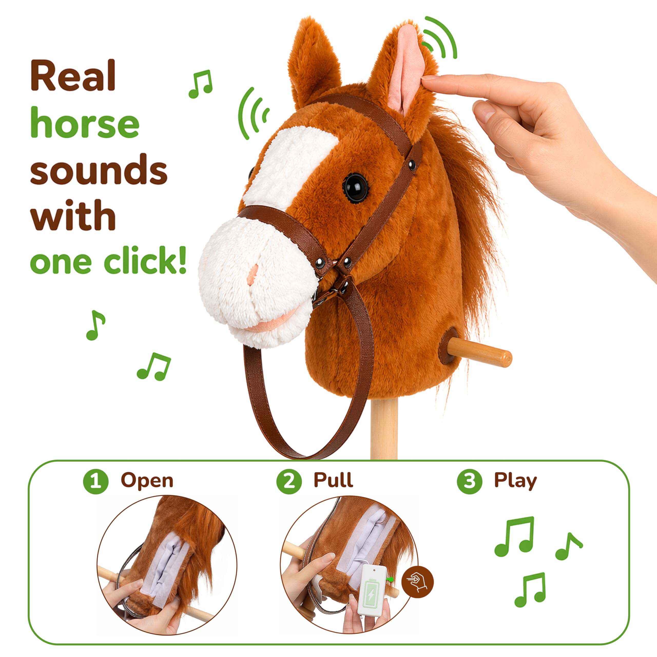 CELMAN Hobby Horse - Steckenpferd Braun A4 mit Zaumzeug und Sound - Geräuscheffekt durch Ohrdruck - Holzstab mit Rädern - Spielzeug Pferd für Kinder - Reiten & Rollenspiel