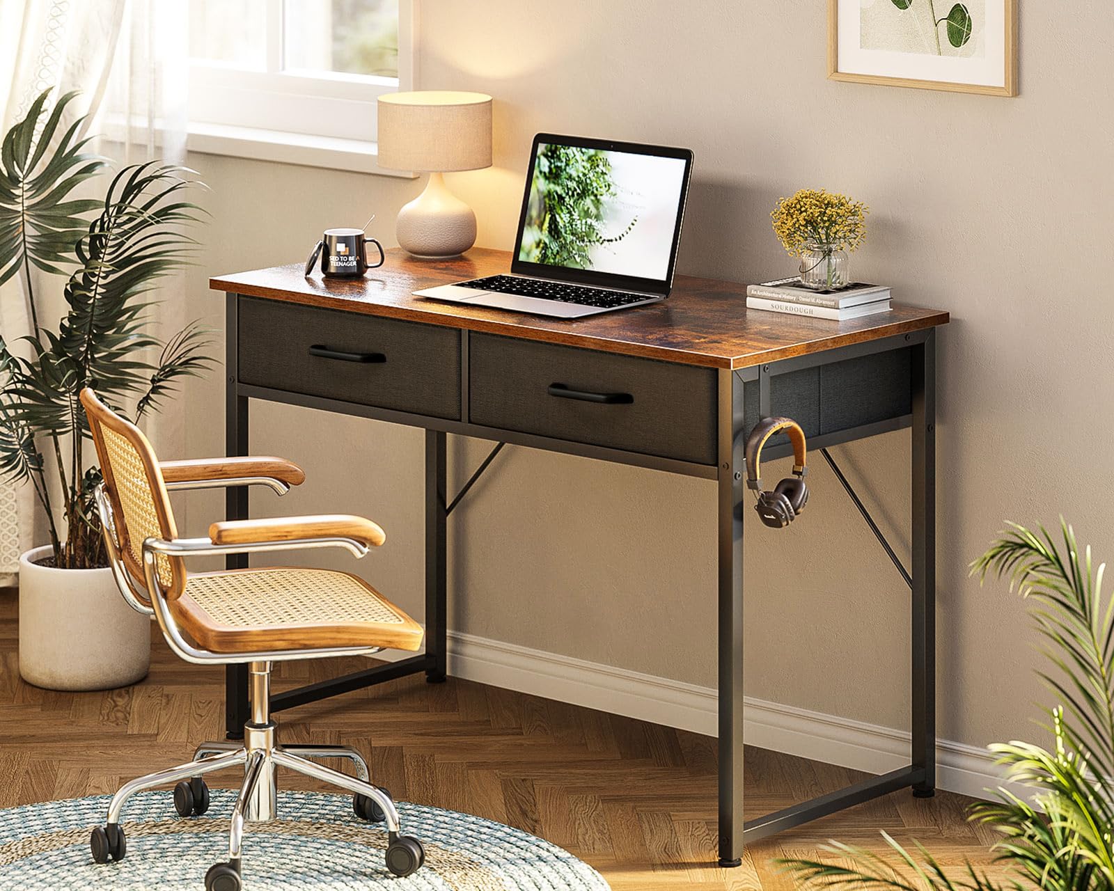 ODK Petit Bureau avec 2 Tiroirs, 100 x 40 x 78.7 cm, Marron | Bureau d'Ordinateur avec tiroirs en tissu, crochet casque et rangement pratique pour livres, accessoires et fournitures.