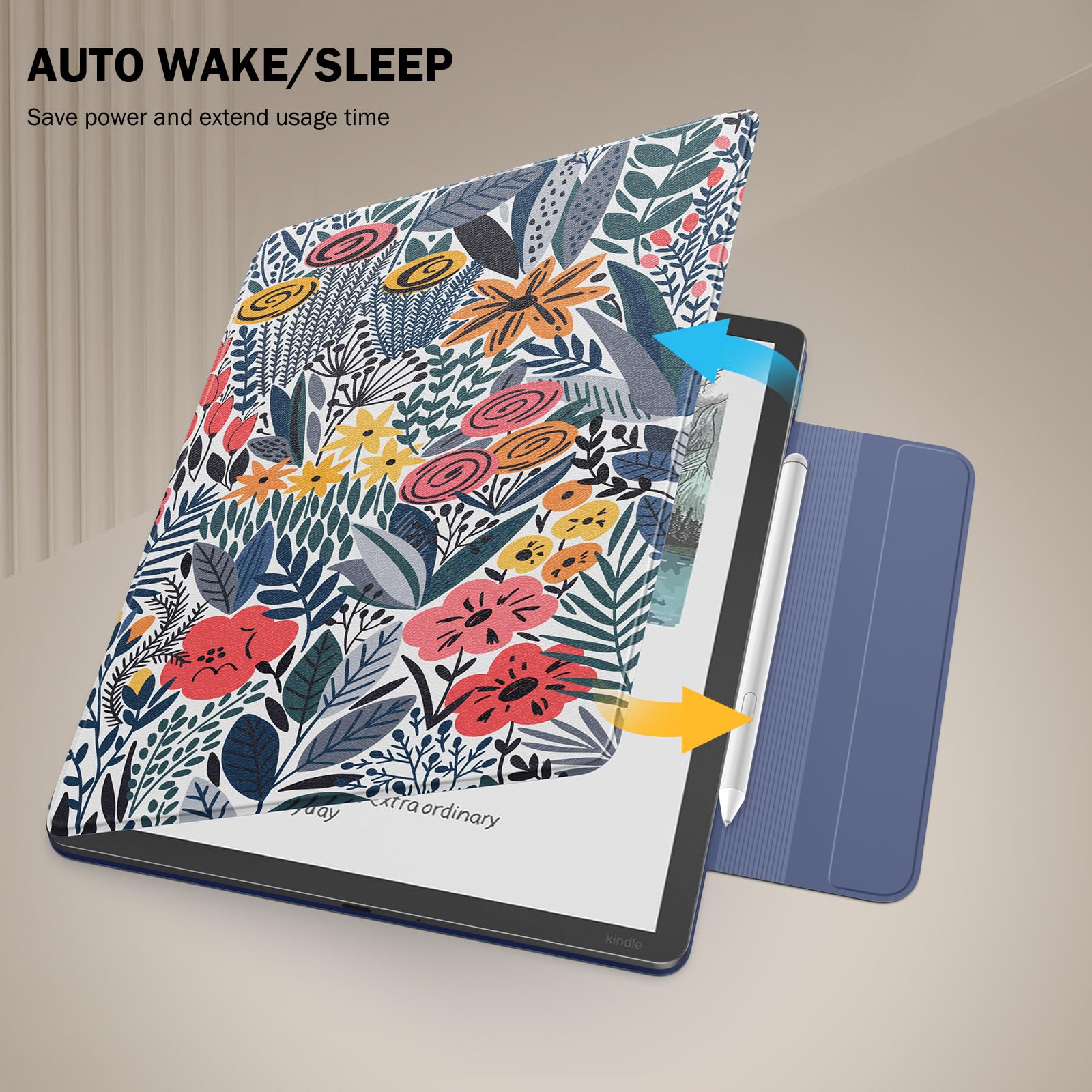 Moko Funda Magnética para Kindle Scribe 11" (3ª Generación),Flor. Hoj. AZ. | y Kindle Scribe Colorsoft (1ª Generación), Funda de Folio Premium de PU con Cierre de lápiz y Auto Sueño/Estela