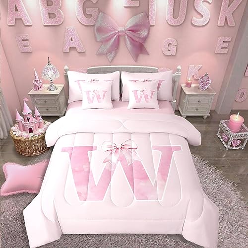 Erosebridal 7 Pieces Initial Pink Bowknot Comforter Set Twin,Coquette Monogramme