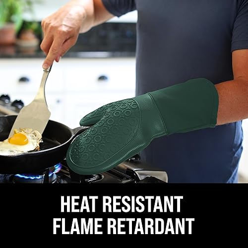 Vista 132 de Guantes de horno de silicona con forro de algodón acolchado – profesional resistente al calor olla de cocina soportes – 1 par, Negro