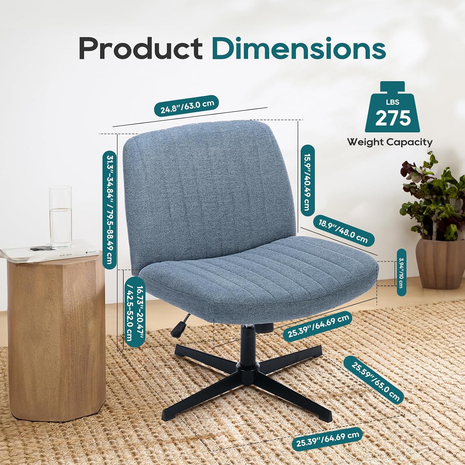 Diagram showing detailed product dimensions of the COLAMY Wide Office Chair in both inches and centimeters, along with a 275 lbs weight capacity.