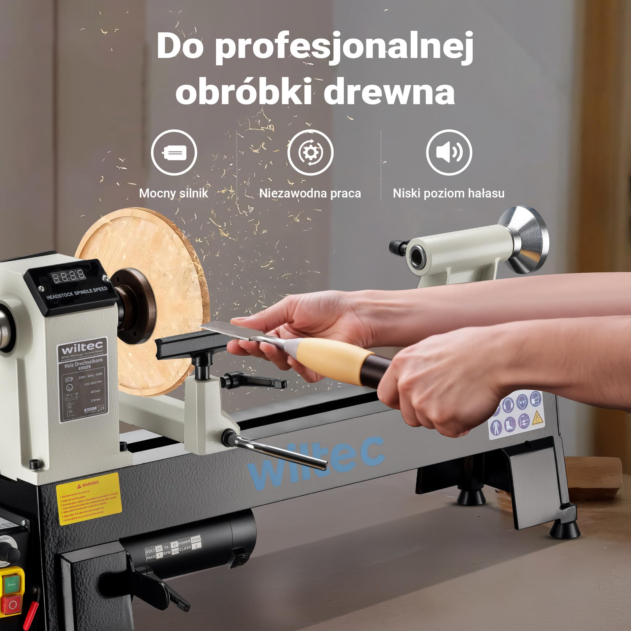 Wiltec Tokarka do drewna 550 W o regulowanej prędkości 650-3800 obr/min do obróbki drewna do 457 mm długości i 310 mm średnicy z akcesoriami