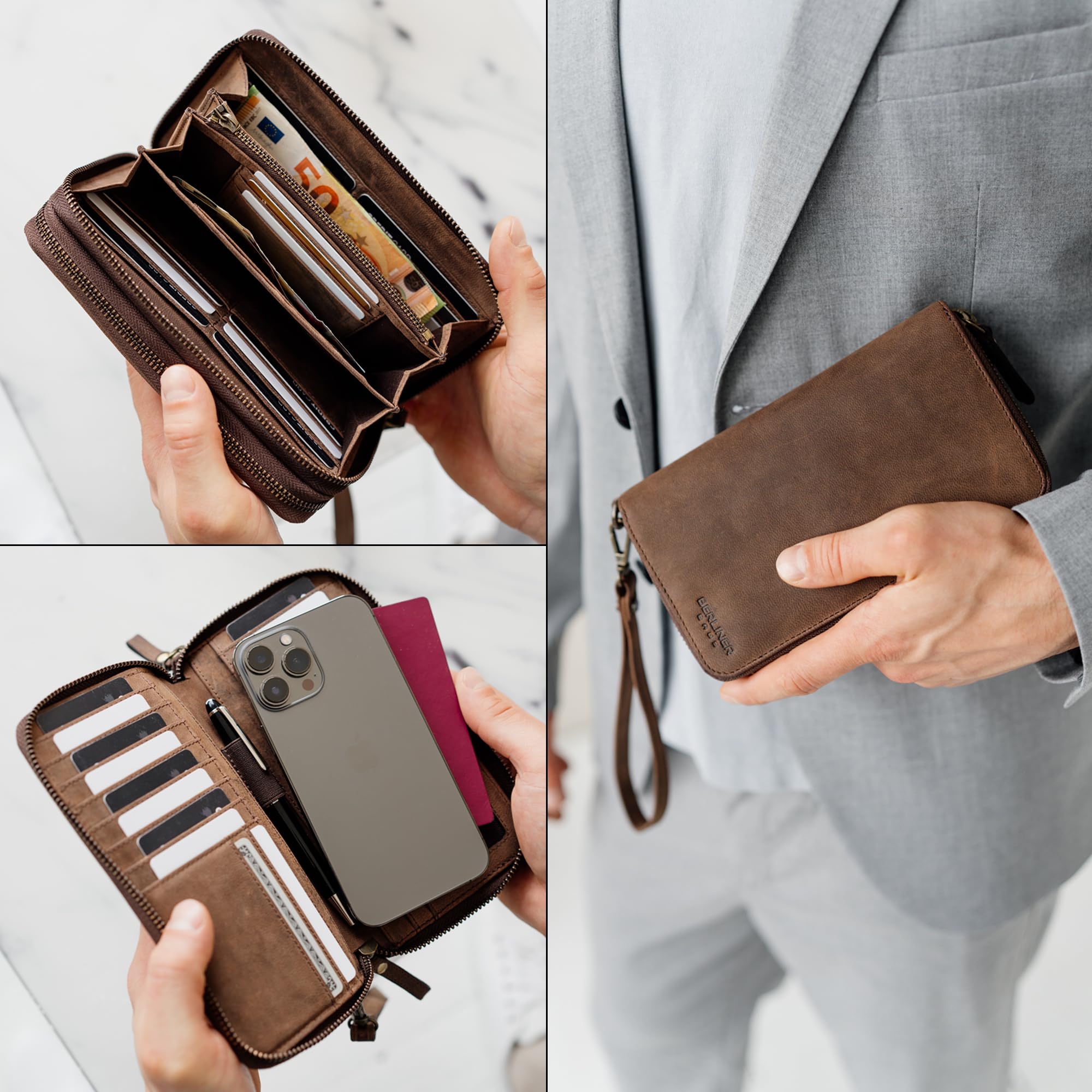 Berliner Bags Große Geldbörse Dallas Vintage, Brieftasche Leder - Braun | M Geldbörse Herren Groß, 26 Kartenfächer, Handschlaufe, Reißverschluss für Münzen, TÜV-geprüftes RFID-Schutz