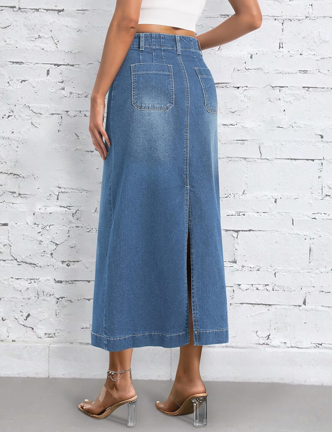 Long Denim Skirt for Women Stretch Maxi Skirt with Back Slit High Waisted Pencil Jean Skirt with Pockets Casual - Image 2