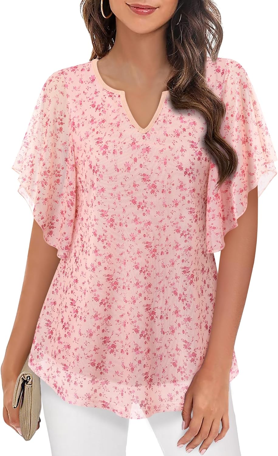 Furnex Women's Short Sleeve Tops Dressy Casual V Neck Double Layers Blouses Floral Mesh Tunics Tops