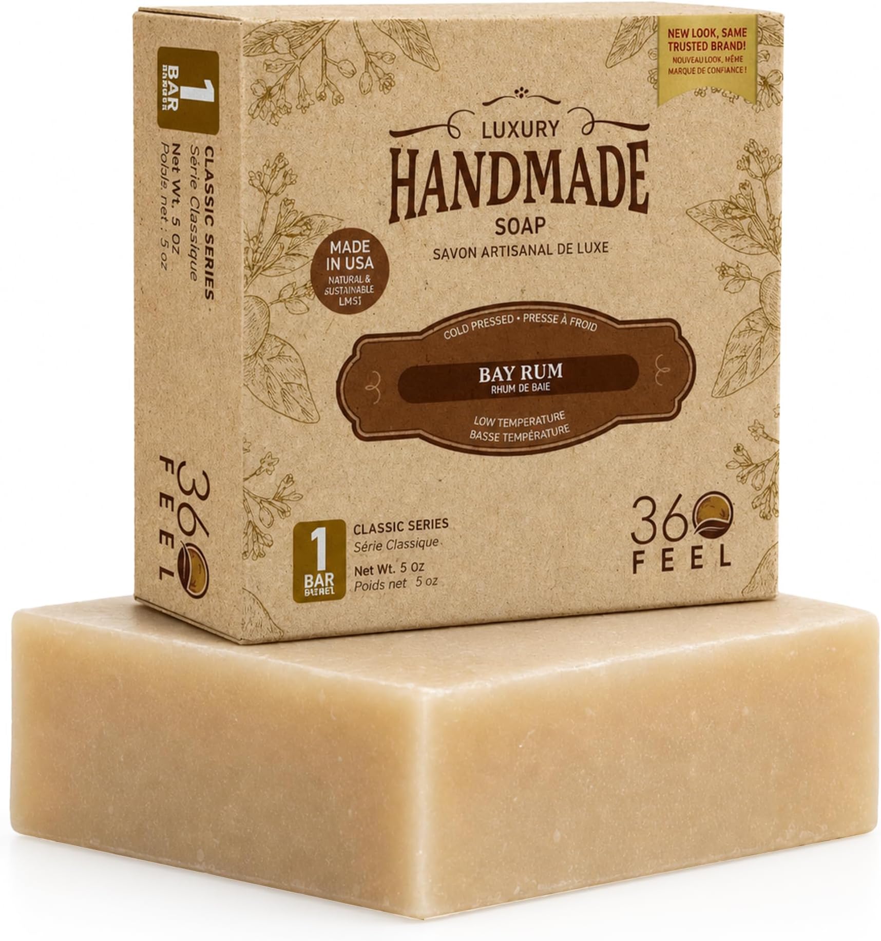 360Feel Bay Rum Bar Soap - Made in the USA - Castile Handmade, All-Natural, Cold-Processed - Bay Rum Essential Oil - Moisturizing with a Spicy Scent - Calm - Rich, Creamy Lather - (5oz)