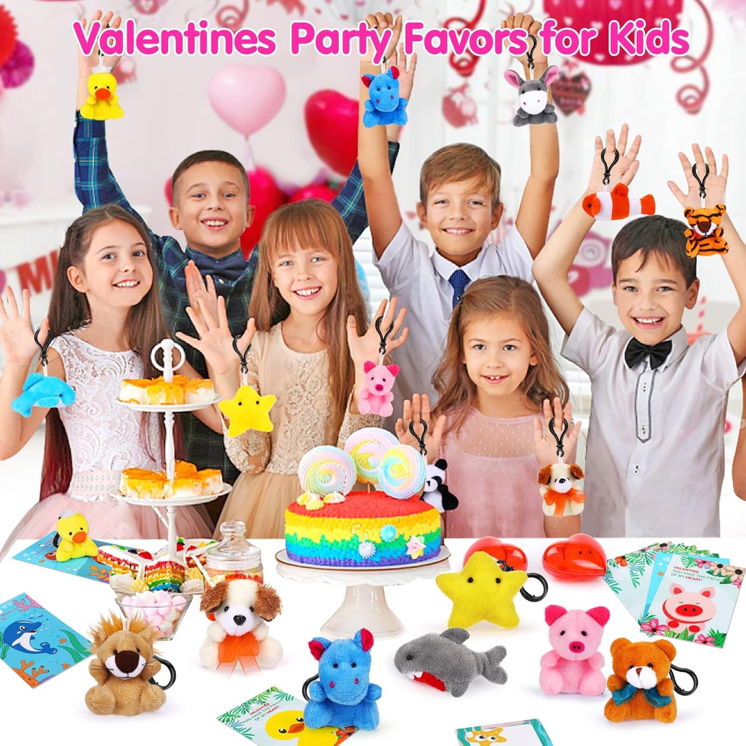 28 Packs Valentines Day Gifts for Kids Girls Boys with Valentines Stuffed Animal Keychain Valentine Cards for Kids Classroom Exchange Gifts Mini Animal Plush Toys Valentines Party Favor School Prizes