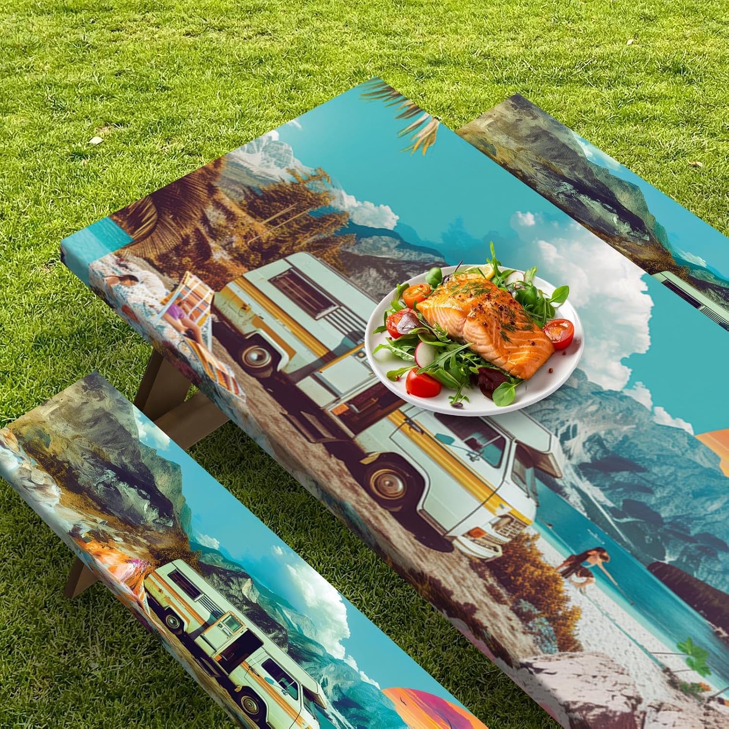 3 Piece Fitted Picnic Table Cover with Bench Covers, 72"x30" Full Elastic Edge Camping Tablecloth, Waterproof Wipeable RV Outdoor Patio Park Camping Essentials with Drawstring Bag (Travel)