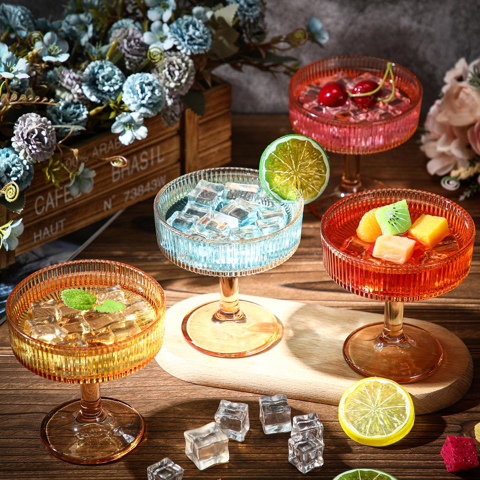 Teenyyou 12 copas acanaladas vintage de 7 onzas, copas de martini, copas de champán, copas de cóctel clásicas, cristalería acanalada reutilizable para champán, cóctel, martini, estilo europeo (rosa