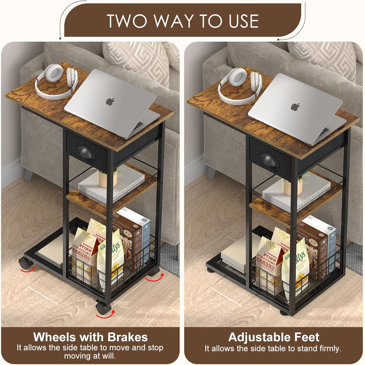 3-Tier Side Table with Wheels and 360° Rotation, C Table with Drawer, End Table for Couch, Space Saving Small Desk for Narrow Space, TV Tray, Vintage Bedside Table for Living Room, Bedroom