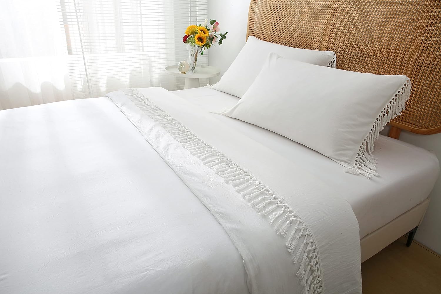 Ivory Tassels Top Sheet King Size 1 PC and Queen Size Pillow Shams 2PCS 100% Cotton