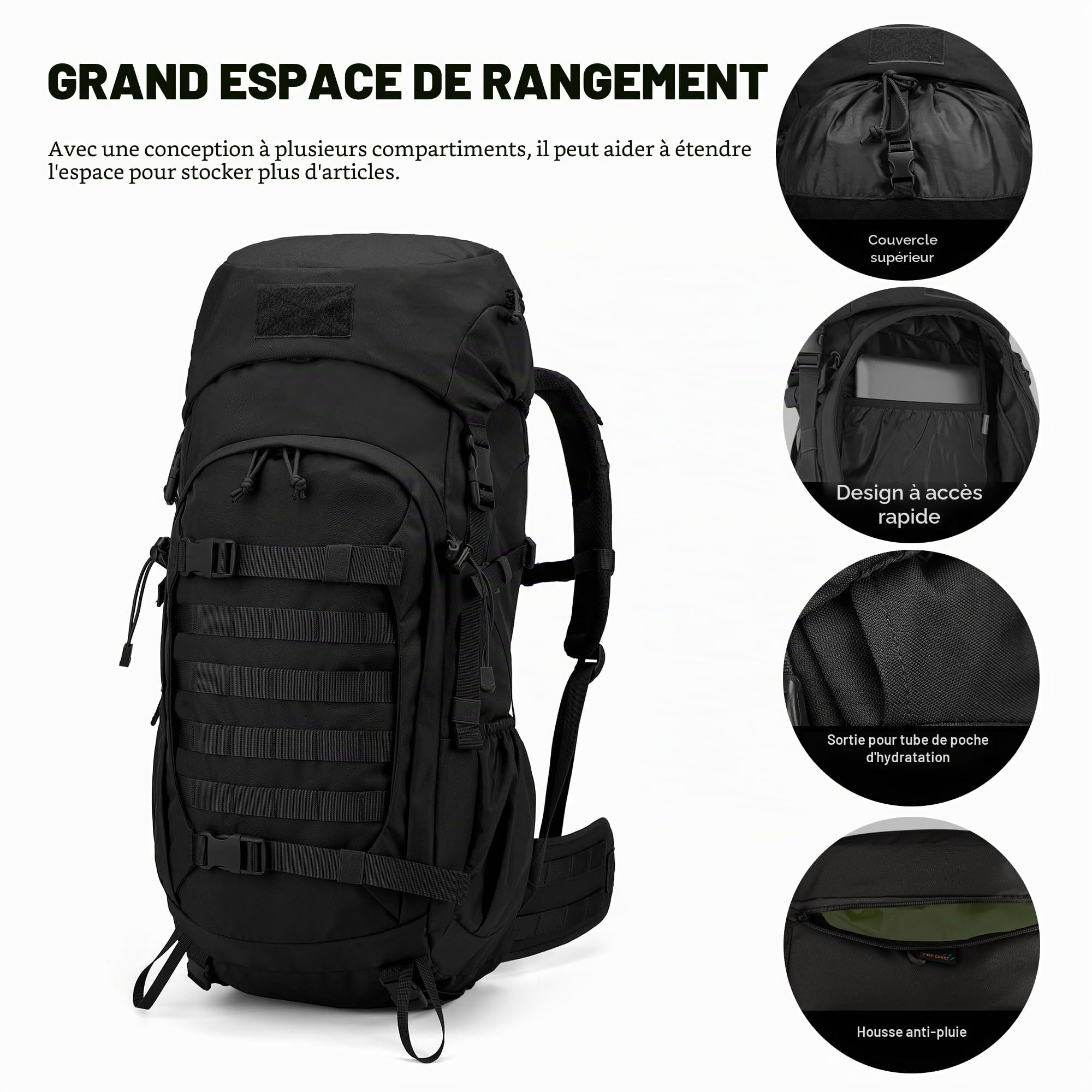 Mardingtop 50L Sac à dos tactique de trekking avec housse de pluie pour randonnée et voyage