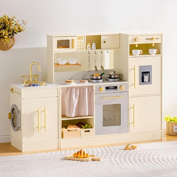 ROBUD Wooden Play Kitchen Set, Pretend Corner Kitchen with All-in-One & Combination-Style, Kids Kitchen Playset with Refrigerator, Laundry Playset, Oven and Storage Cabinet, Gift for Boys Girls, 3+