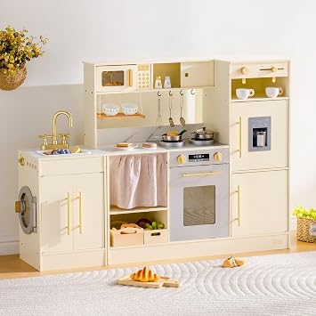 ROBUD Wooden Play Kitchen Set, Pretend Corner Kitchen with All-in-One & Combination-Style, Kids Kitchen Playset with Refrigerator, Laundry Playset, Oven and Storage Cabinet, Gift for Boys Girls, 3+